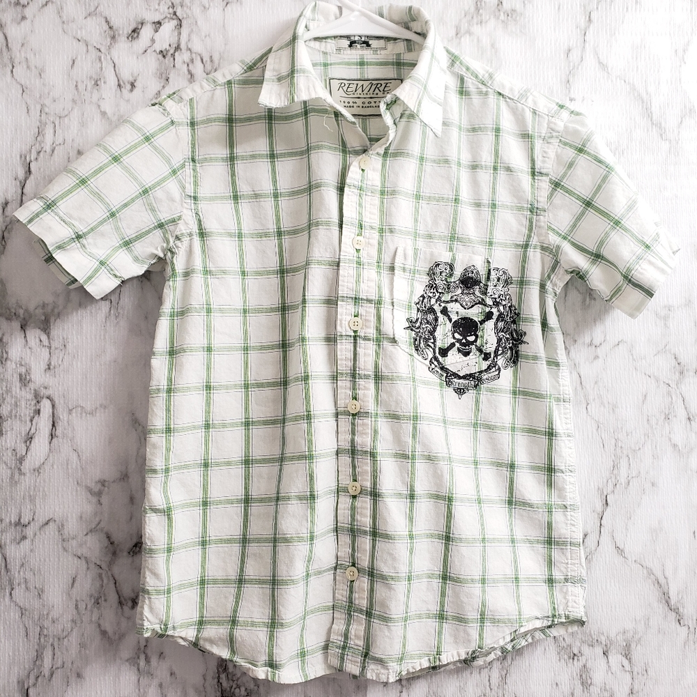 💕 Rewire Plaid Button down Shirt White & Green Small